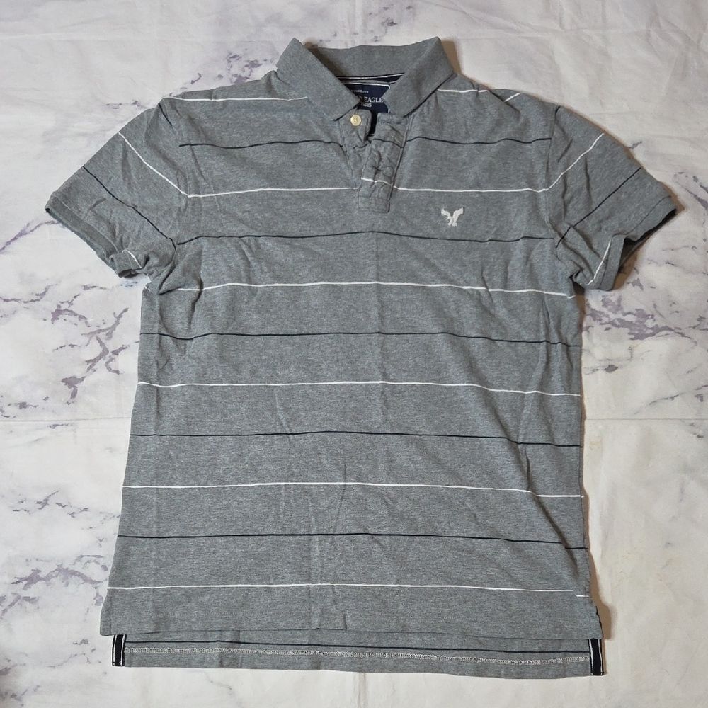 American Eagle Outfitters Vintage Fit Gray Polo with White & Black Stripes
